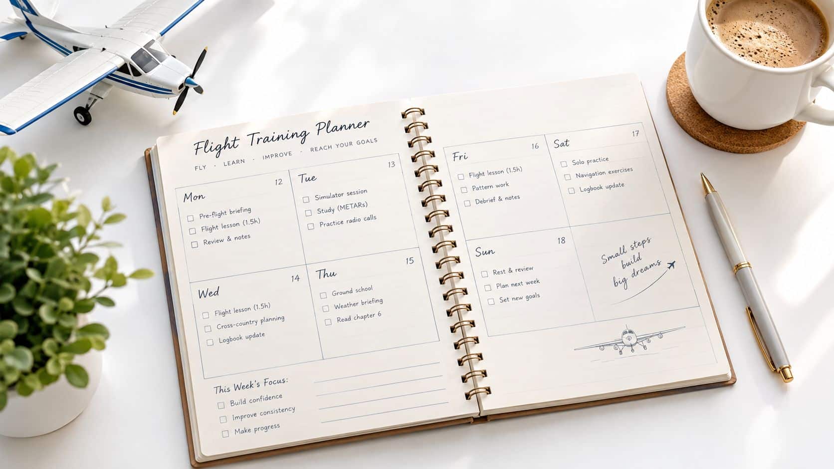How to Improve Coordination Skills: A Pilot's Guide 4 An open flight training planner notebook on a desk next to a model airplane, coffee, and plant.