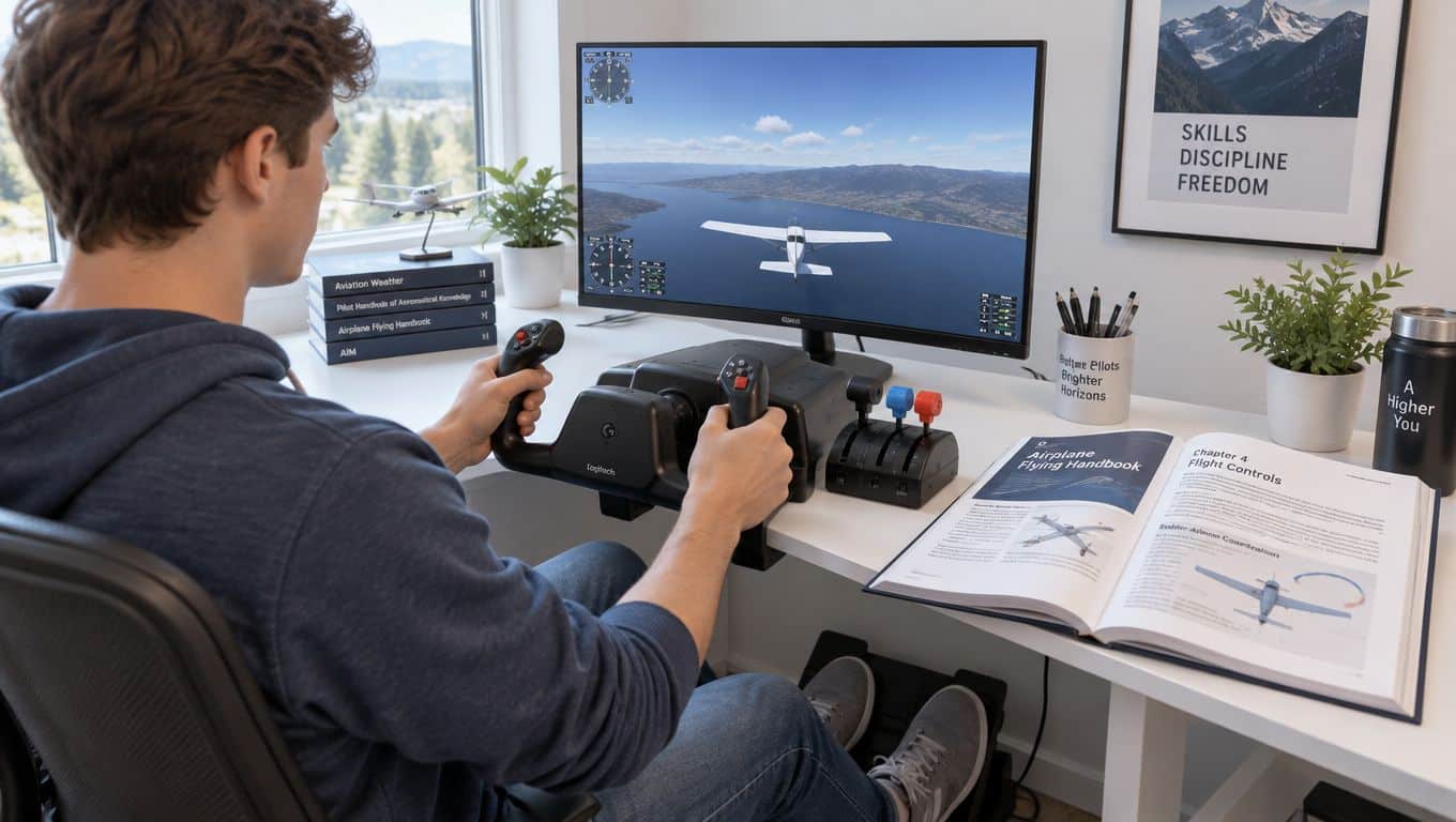 How to Improve Coordination Skills: A Pilot's Guide 3 A young person using a flight simulator setup with a yoke and throttle to improve coordination skills.