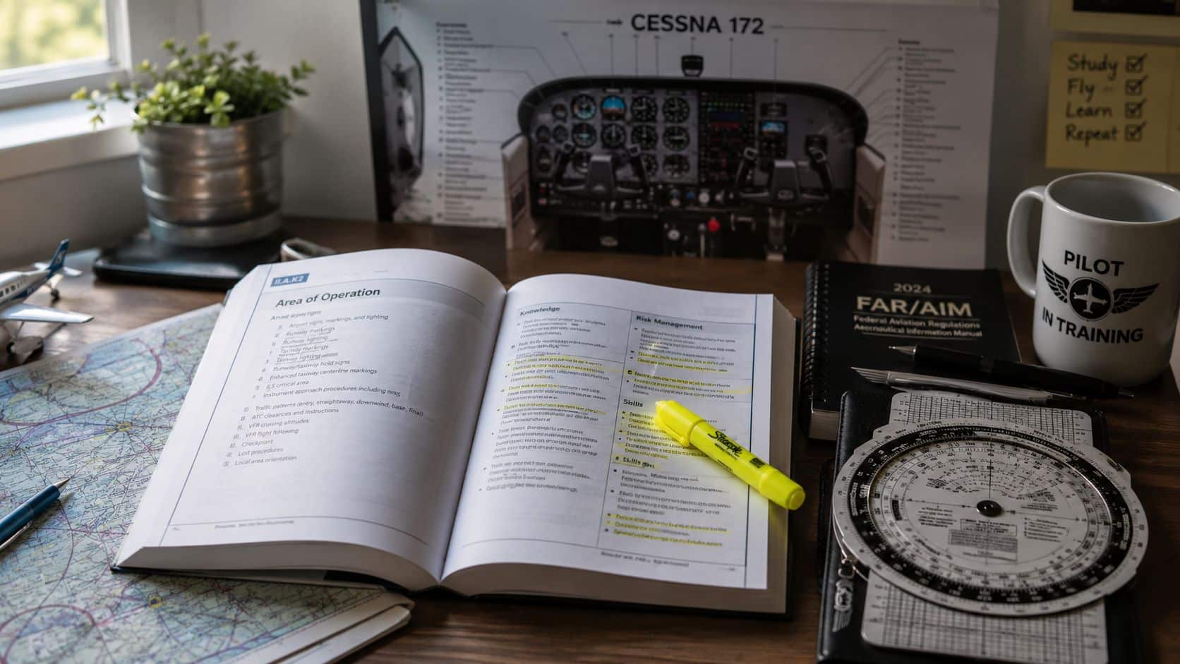 How to Study for Private Pilot Written Exam 2 A student pilot's study desk featuring an open aviation textbook, flight manual, circular slide rule, and map.