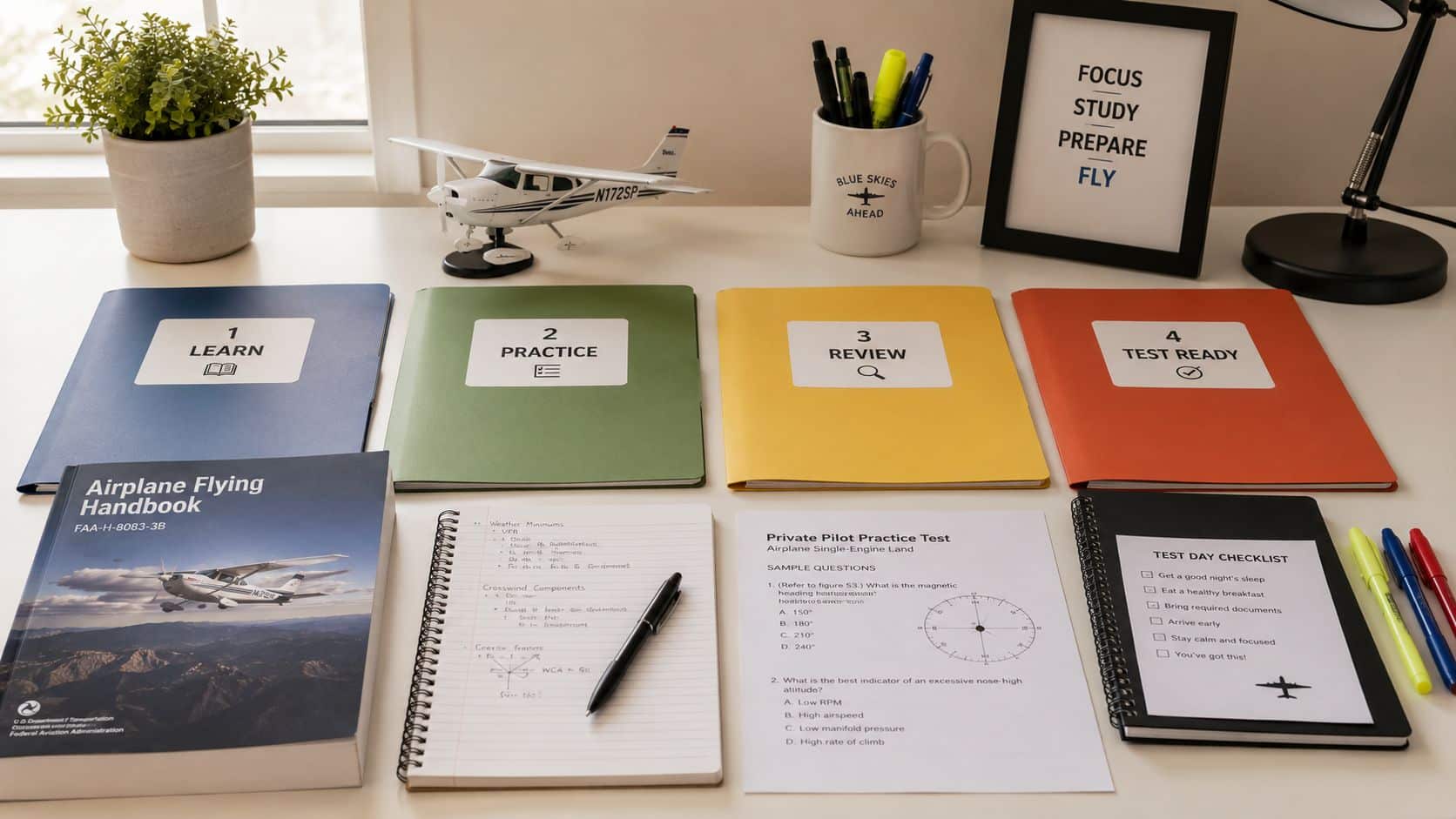 How to Study for Private Pilot Written Exam 3 A organized desk featuring study guides, an airplane model, a pilot's handbook, and test preparation materials.