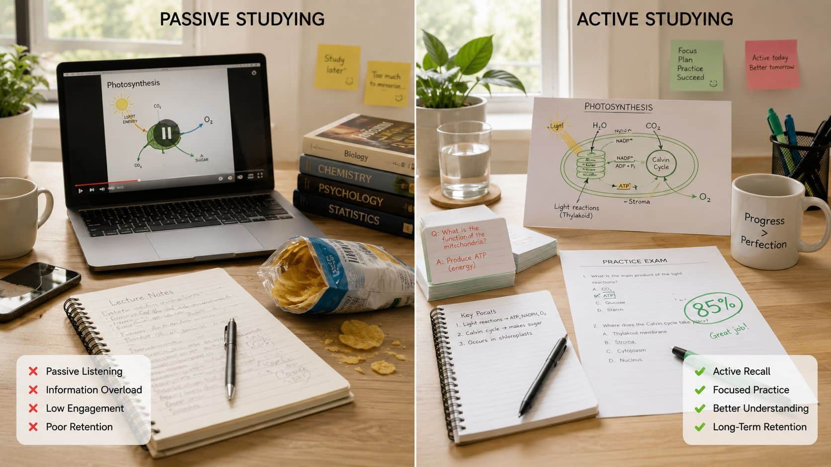 How to Study for Private Pilot Written Exam 4 A split image comparing ineffective passive studying with video lectures versus effective active studying with flashcards and practice exams.