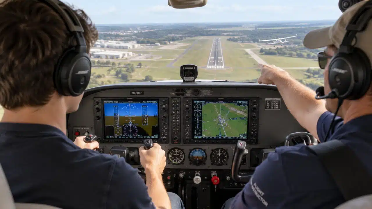 Human Factors Training for Pilots Explained 4 A flight instructor points toward a small aircraft on the runway while training a student pilot.
