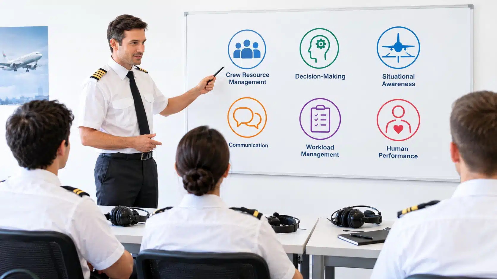Human Factors Training for Pilots Explained 3 A pilot instructor teaching a classroom of students about human factors and aviation safety concepts.