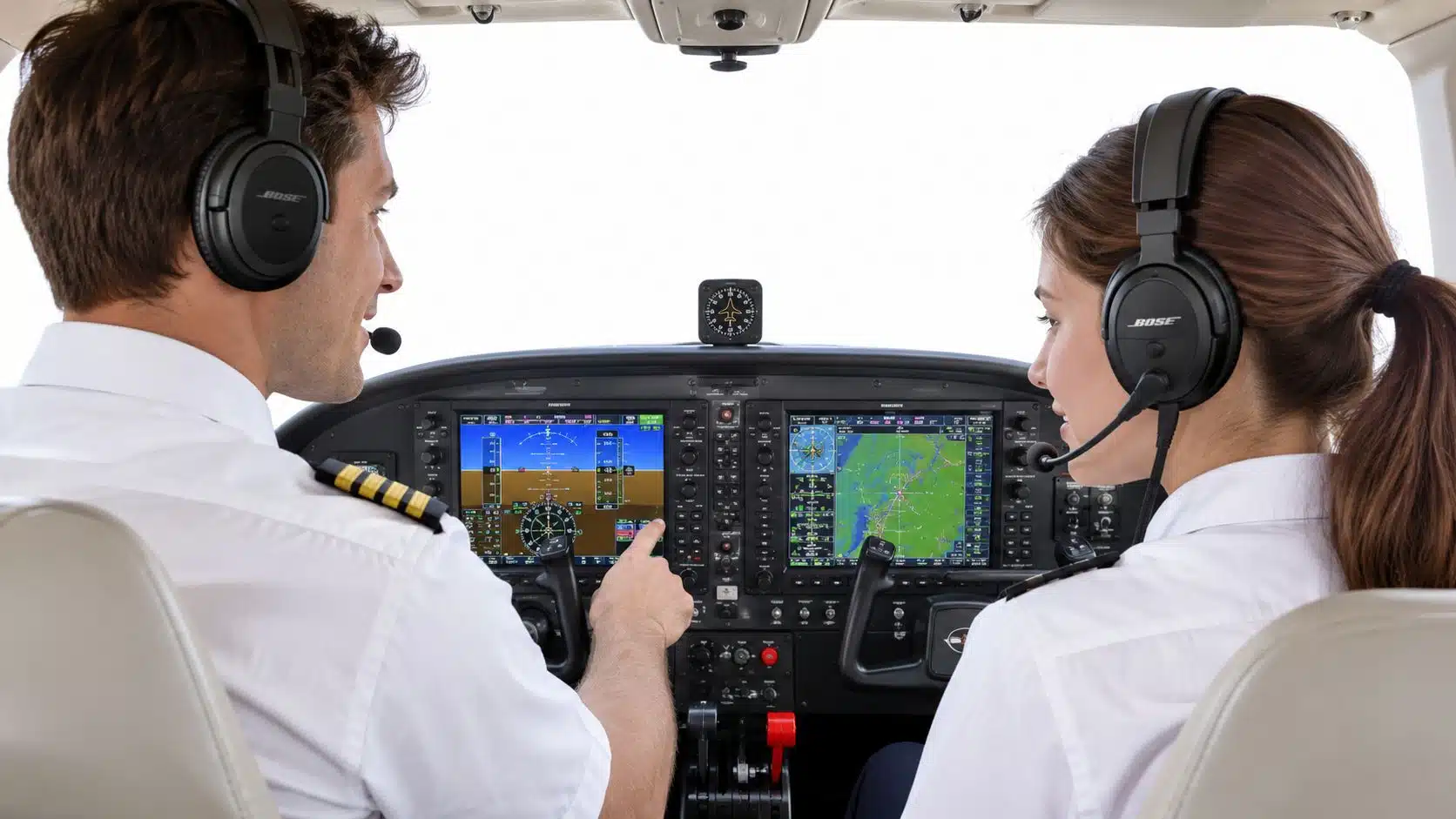 Human Factors Training for Pilots Explained 2 A male and female pilot in uniform sit in a cockpit together, reviewing the aircraft digital navigation displays.