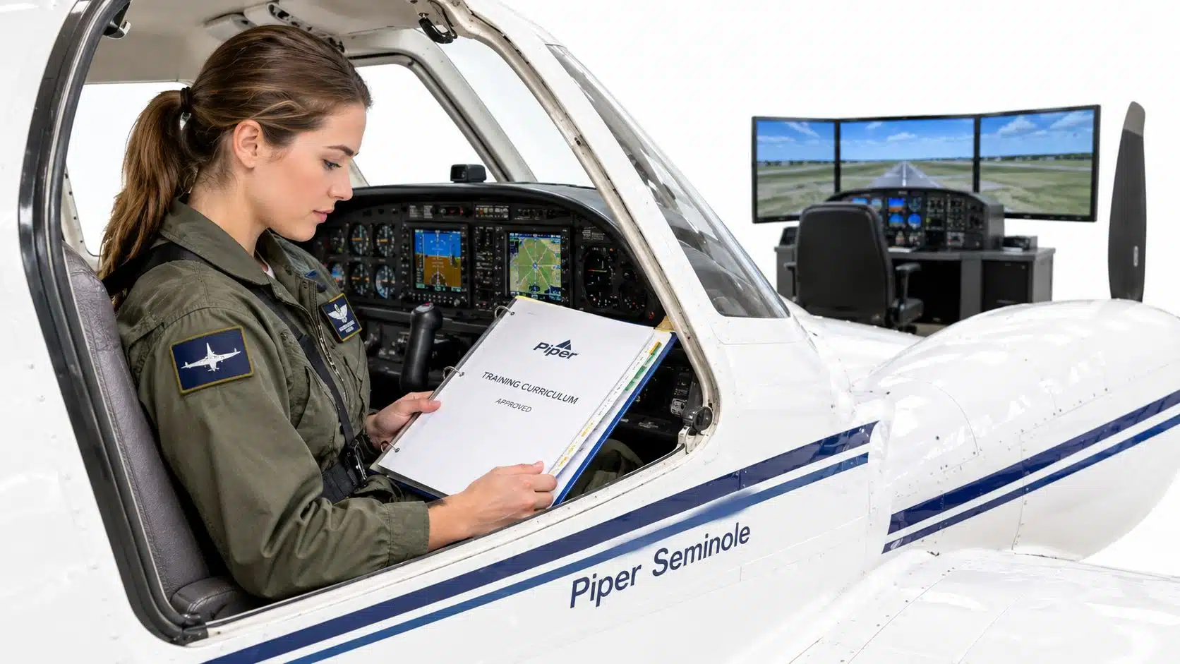 Instrument Rating Requirements Part 141: Complete Guide 3 A female pilot trainee studying a Piper flight training curriculum document inside a flight simulator cockpit.