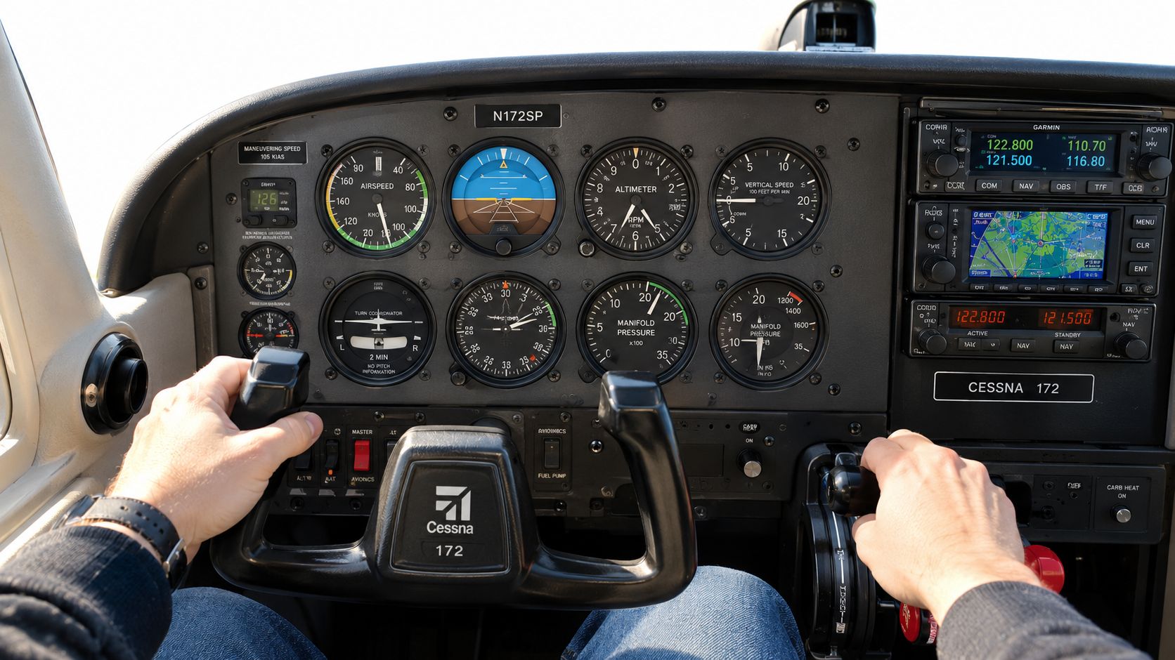 Manifold Pressure Explained for Student Pilots 4 A pilot's point of view from inside a Cessna 172 cockpit looking at the flight instrument panel.