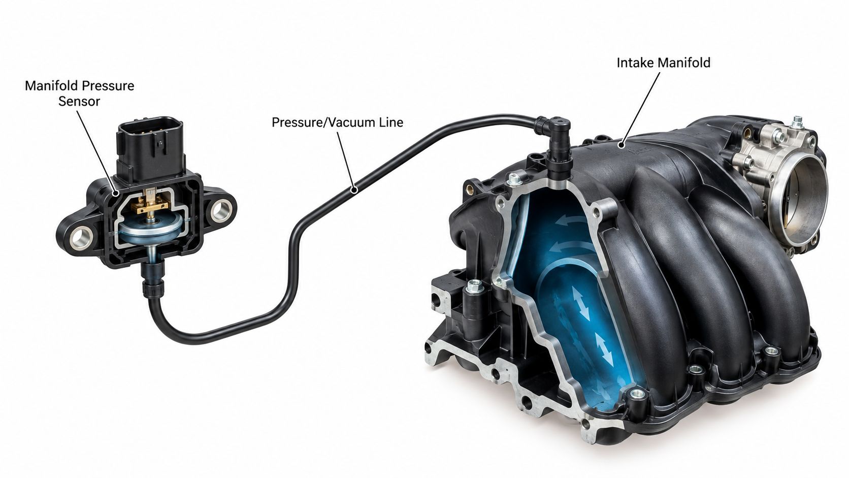 Manifold Pressure Explained for Student Pilots 3 A cutaway view of an automotive intake manifold connected to a manifold pressure sensor by a vacuum line.