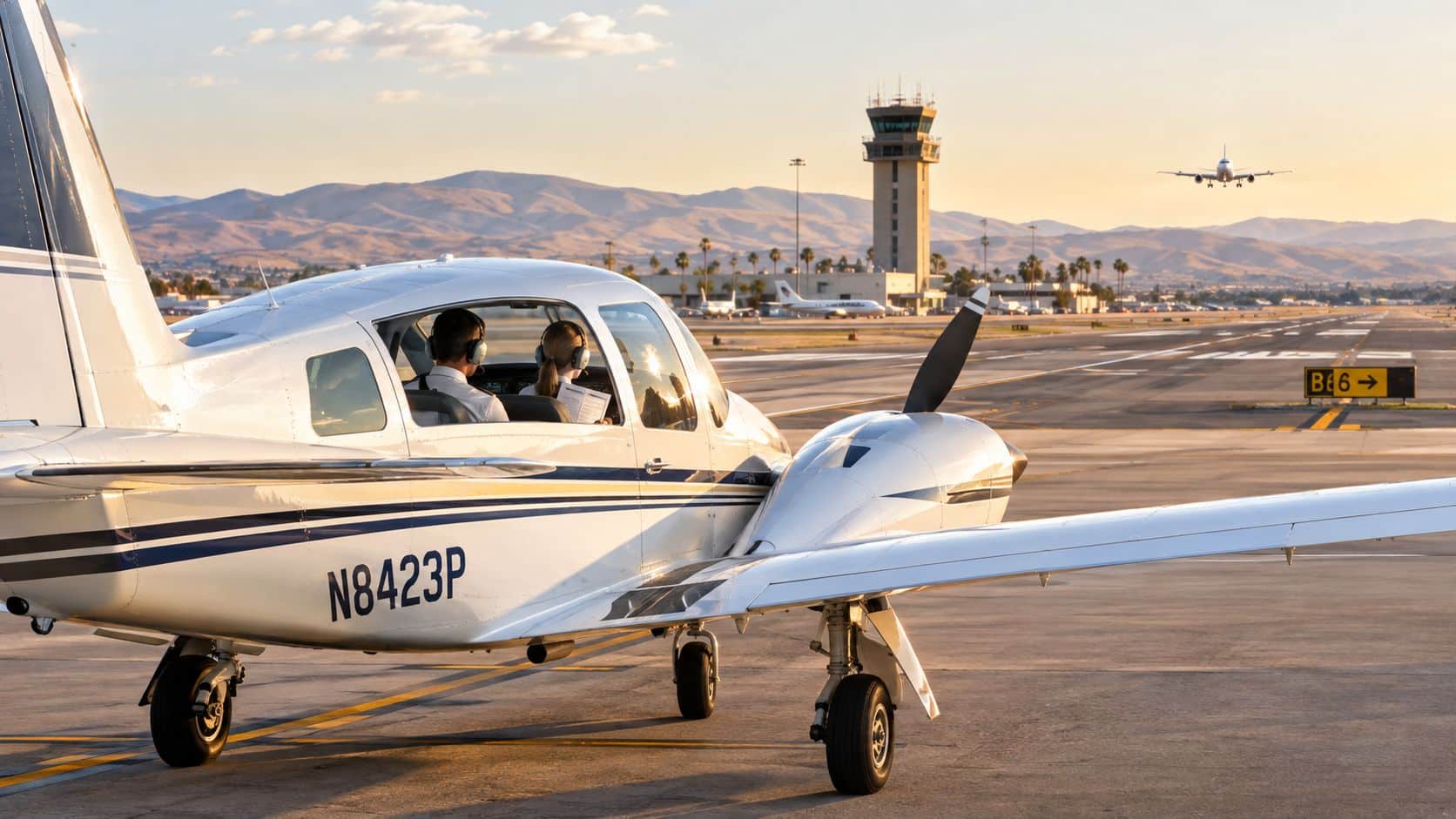 Multi Engine Commercial Rating Guide 3 A twin-engine training aircraft taxiing on an airport runway with a control tower in the background.