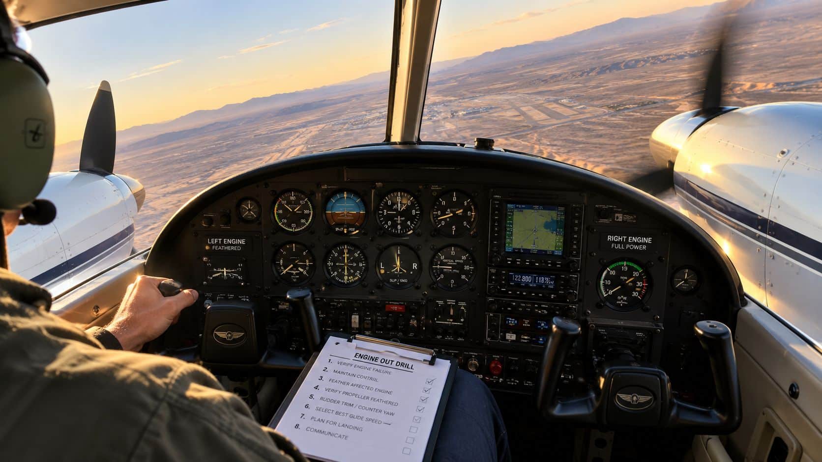 Multi Engine Commercial Rating Guide 2 A pilot inside a twin-engine aircraft cockpit viewing an engine out drill checklist during a sunset flight.
