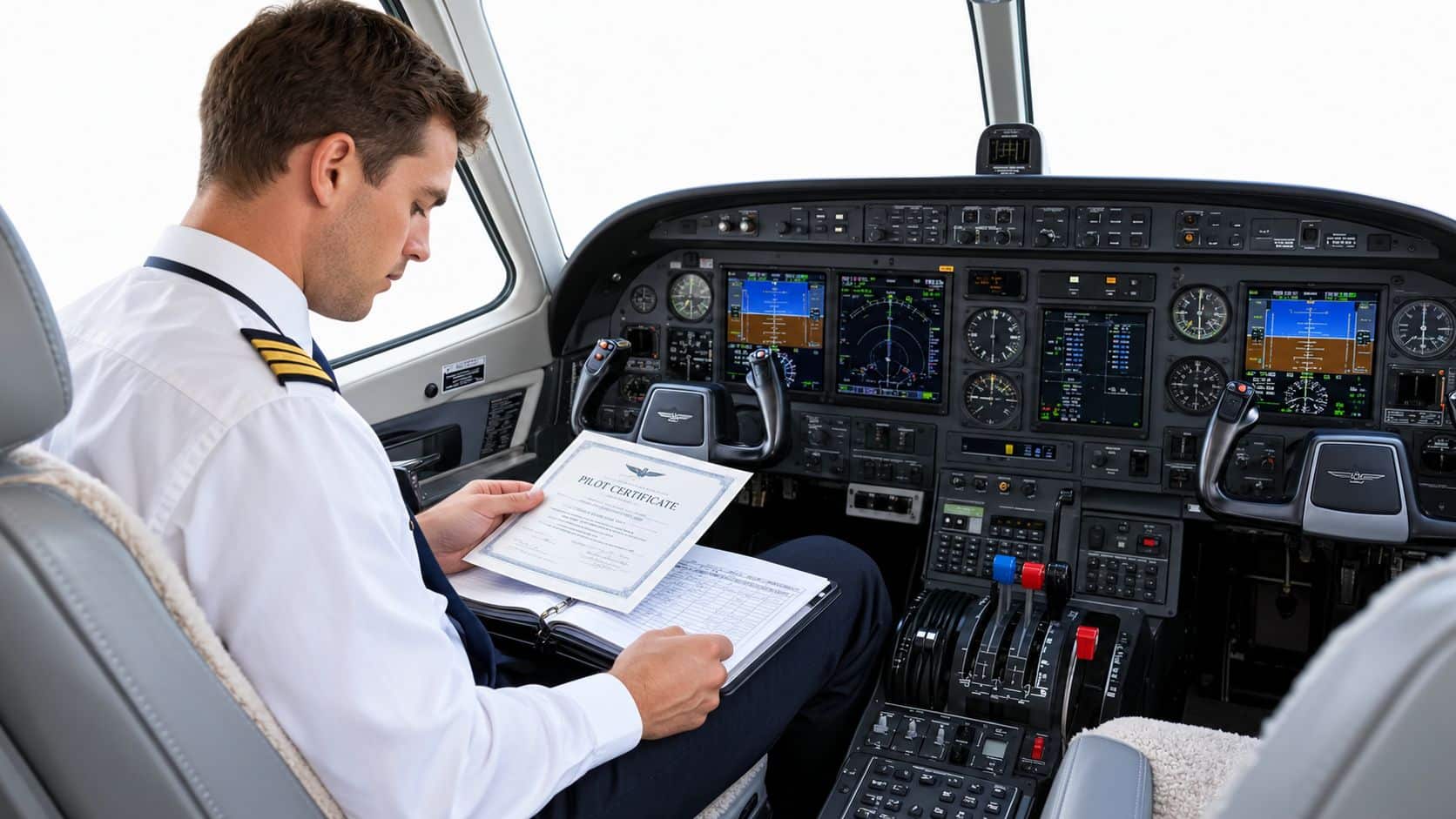 Multi-Engine Instructor Rating How to Earn Your MEI 2 A professional pilot sitting in the cockpit of an aircraft while reviewing his official pilot certificate document.