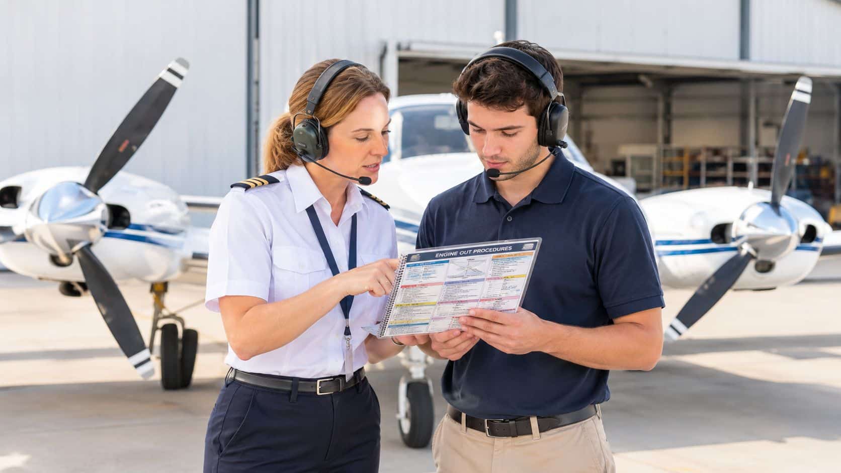 Multi-Engine Instructor Rating How to Earn Your MEI 3 A female flight instructor and a student pilot reviewing engine-out procedures in front of a twin-engine aircraft.