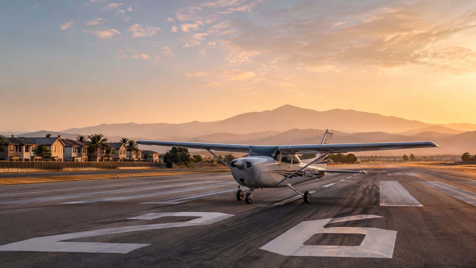 Noise Abatement Procedures at Chino Airport 2 A small single-engine Cessna airplane parked on a runway numbered 26 during a warm sunset.