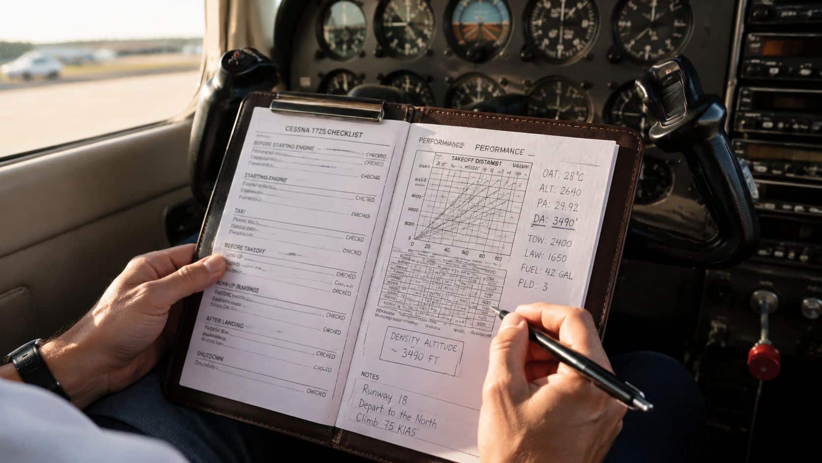 Noise Abatement Procedures at Chino Airport 3 A pilot inside a Cessna 172 cockpit holding a clipboard with flight checklists and performance calculations.