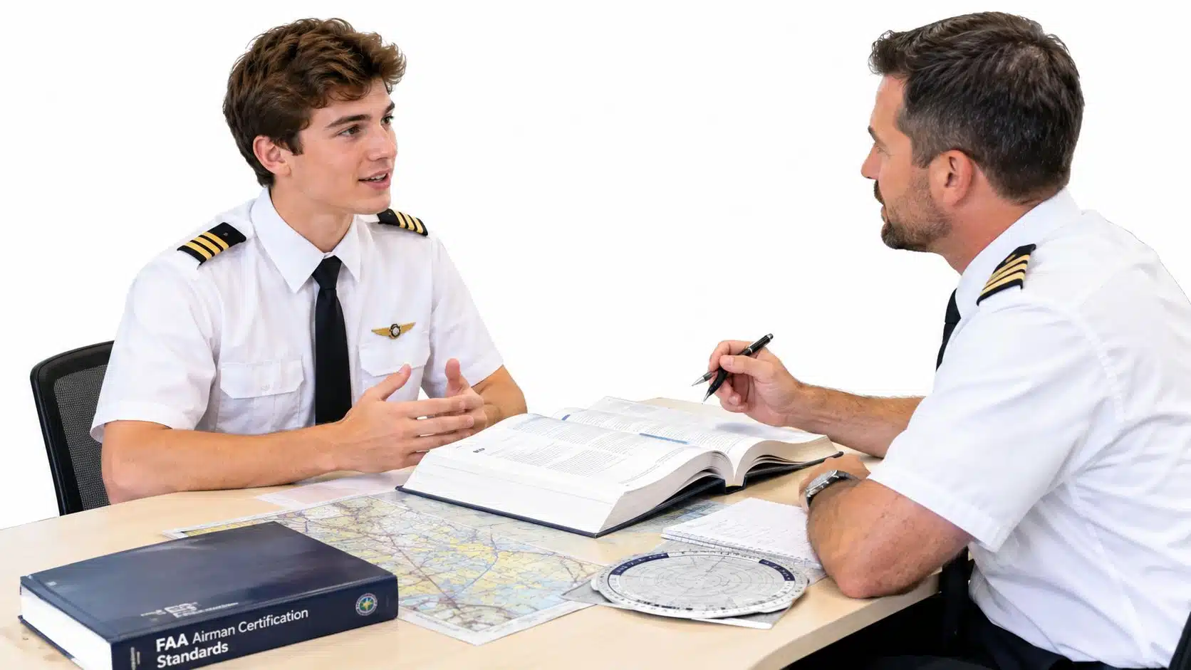 Oral Exam for Private Pilot: A Step-by-Step Prep Guide 4 A flight instructor conducts an oral exam with a student pilot at a desk with charts.