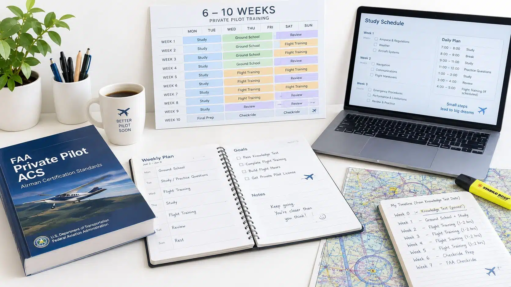Oral Exam for Private Pilot: A Step-by-Step Prep Guide 3 A student pilot's desk with study materials, a laptop displaying a schedule, and flight training manuals.