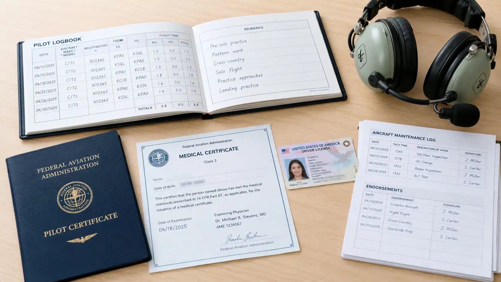 Oral Exam for Private Pilot: A Step-by-Step Prep Guide 2 A professional aviator's flight logbook, medical certificate, driver license, and maintenance records arranged on a wooden desk.