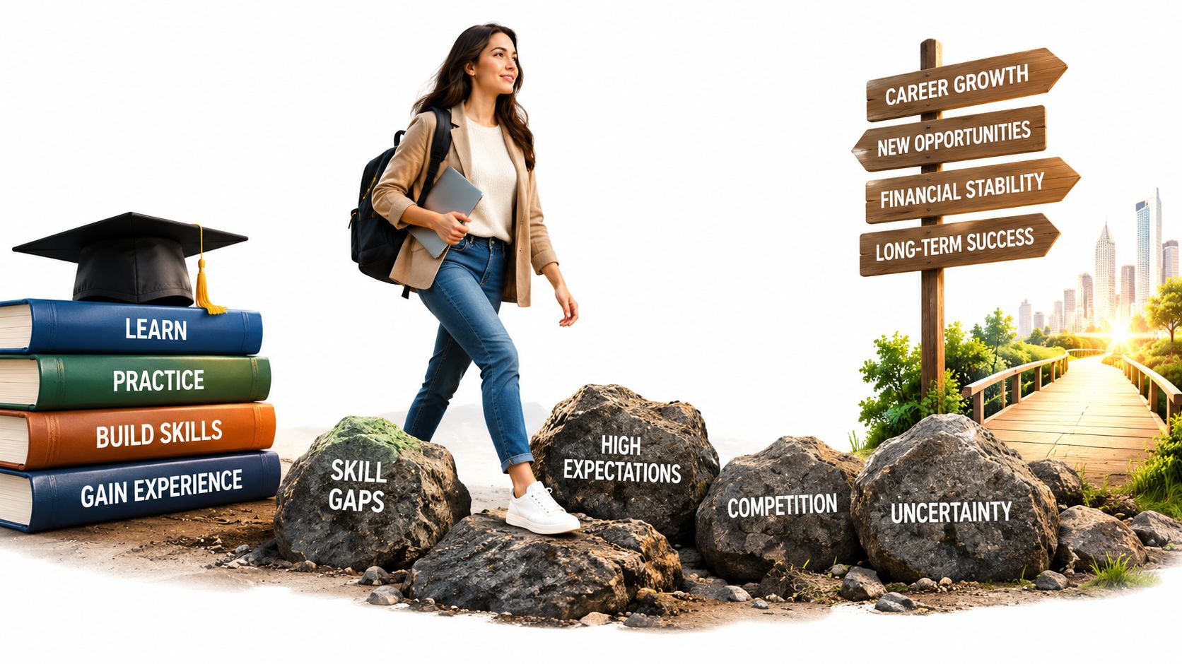 Pilot Training Program: Pathways and Costs 3 A student walking over rocks representing career challenges towards a signpost leading to professional growth and success.