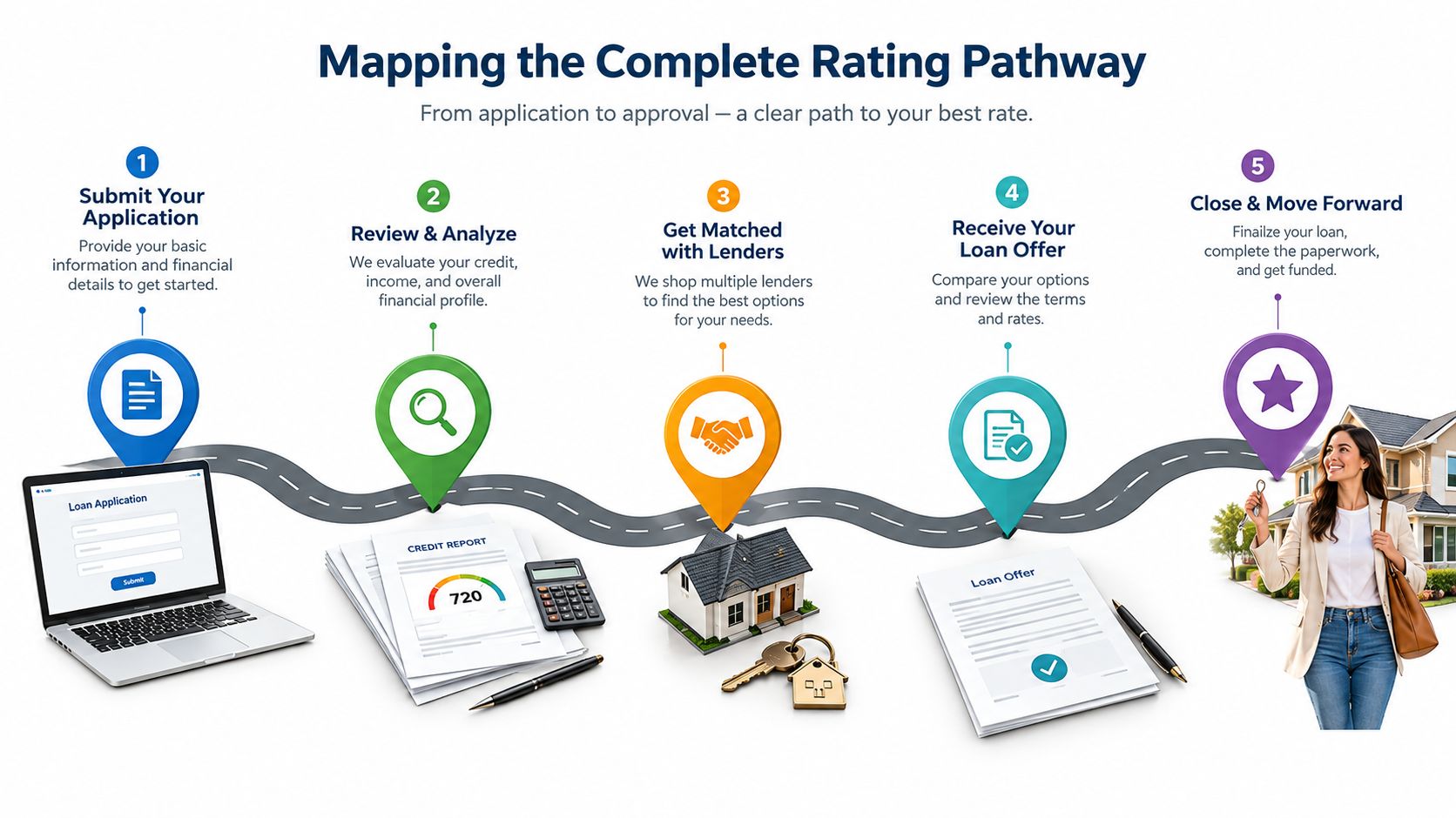 Pilot Training Program: Pathways and Costs 2 A diagram illustrating the five-step loan application pathway, from submitting details to final funding and home ownership.
