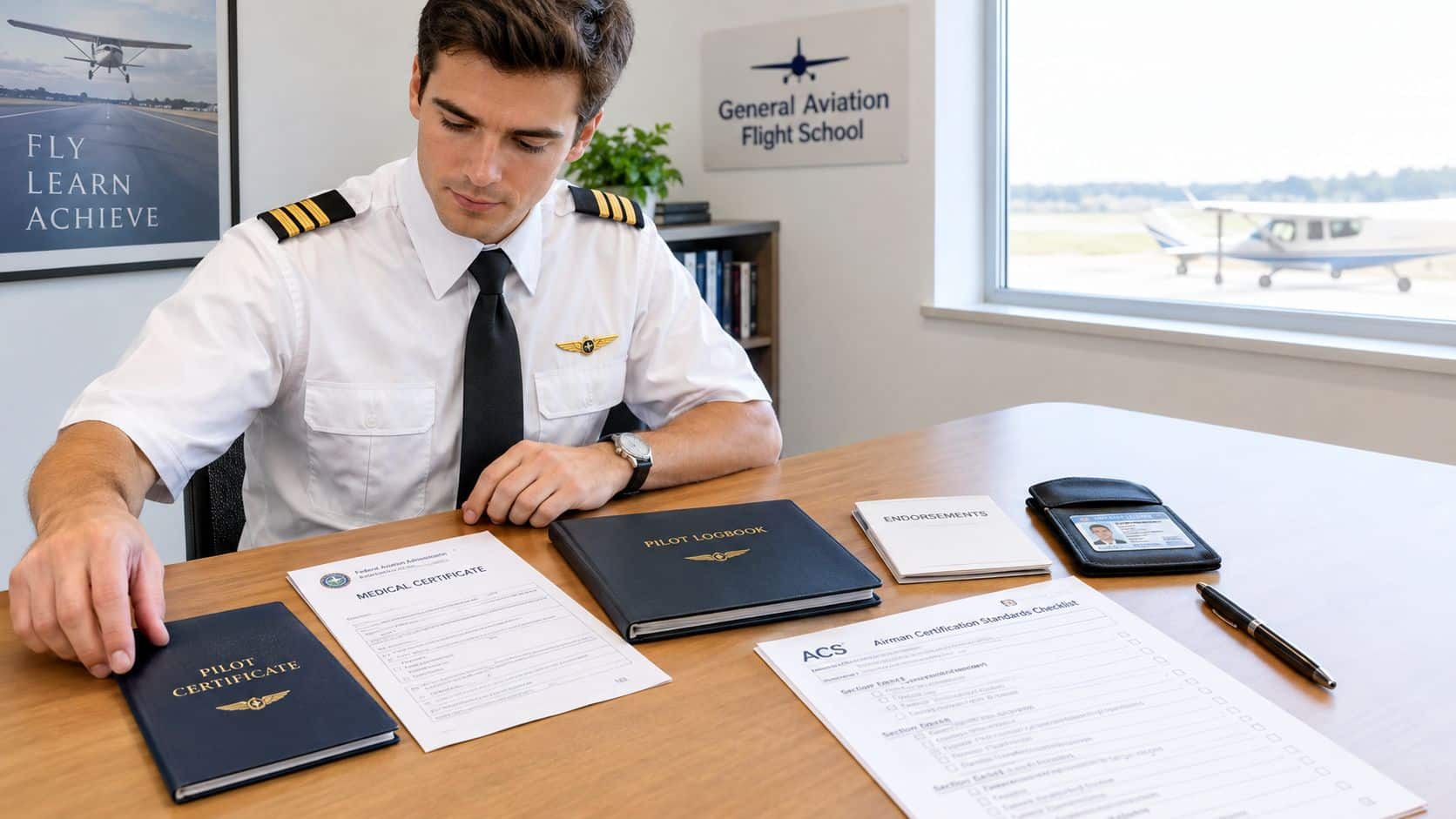 Private Pilot Checkride How to Pass the First Time 2 A professional pilot sitting at a desk reviewing his pilot certificate, logbook, and airman certification standards checklist.