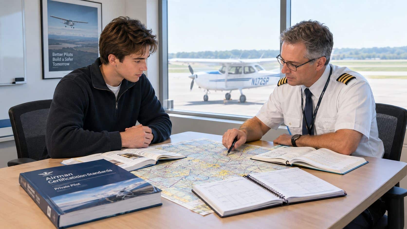 Private Pilot License Requirements Part 61 Explained 3 A flight instructor teaching a student about flight navigation using a sectional chart in an office.