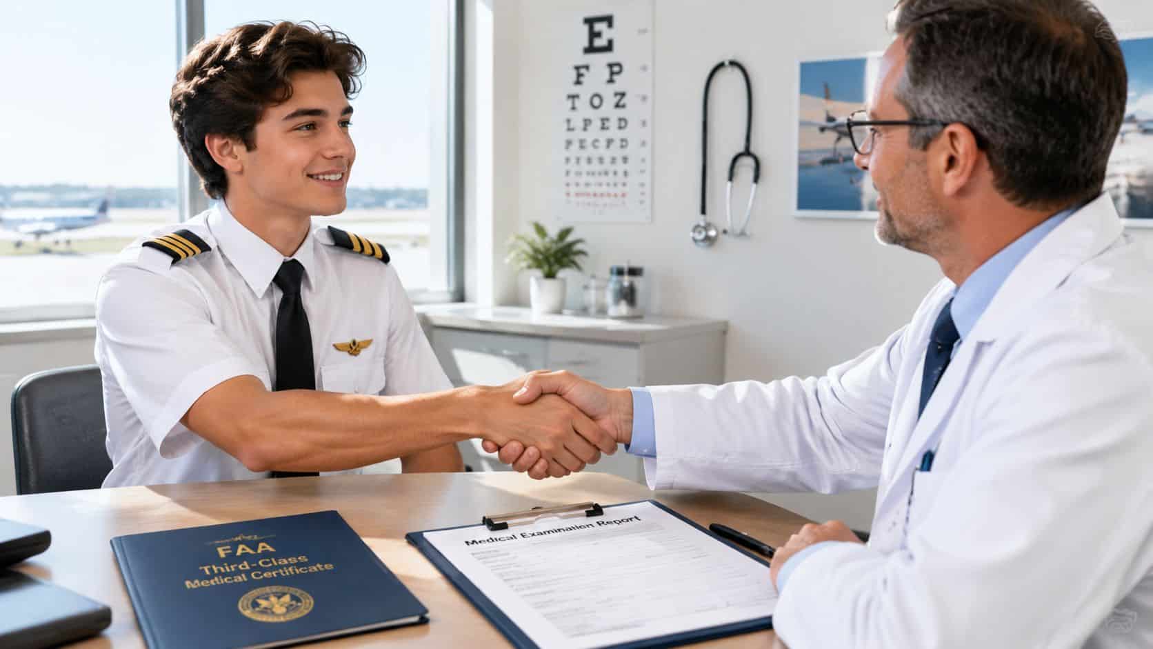 Private Pilot License Requirements Part 61 Explained 2 A young pilot wearing a uniform shaking hands with a doctor after a medical examination.