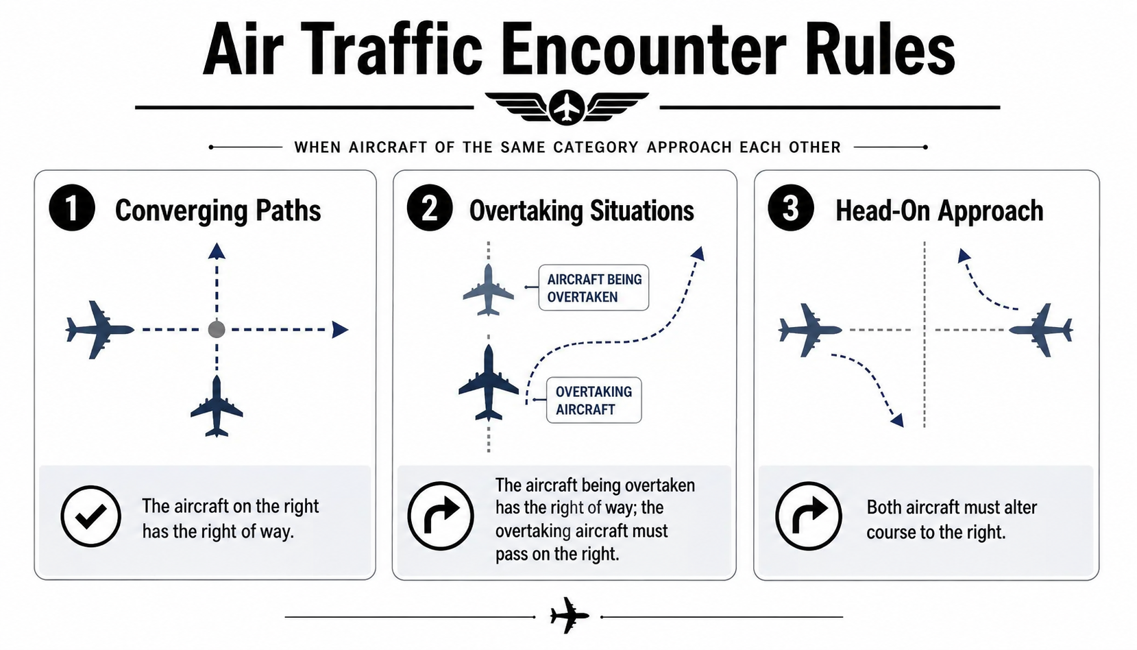 Aircraft Right of Way Rules: A Pilot's Complete Guide 3 An infographic illustrating standard air traffic right of way rules for converging, overtaking, and head-on aircraft approaches.