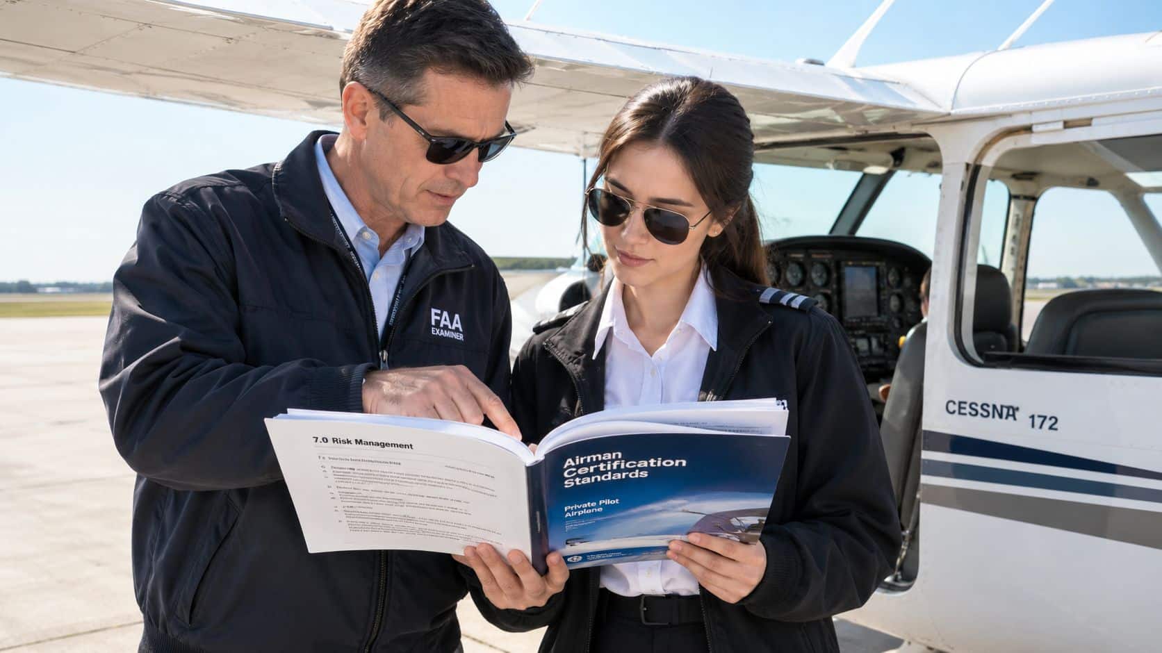 Scenario Based Flight Training: A Pilot's Guide 2 A flight examiner reviews the Airman Certification Standards manual with a pilot student beside a small airplane.