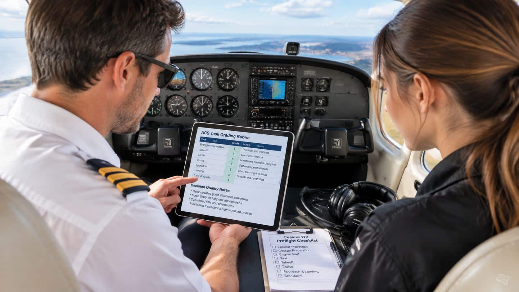 Scenario Based Flight Training: A Pilot's Guide 4 A flight instructor reviewing an ACS task grading rubric on a tablet with a student in a cockpit.