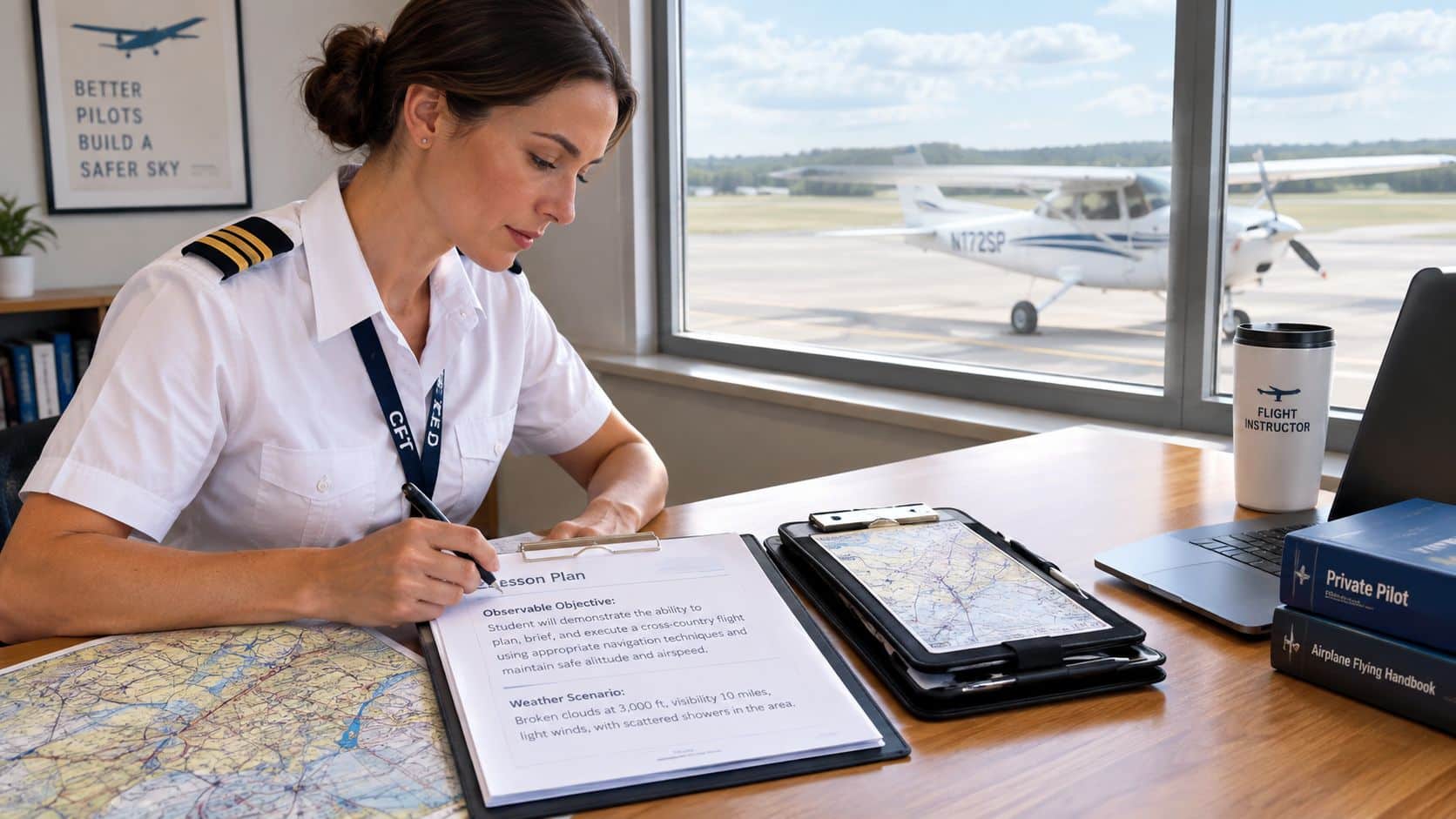 Scenario Based Flight Training: A Pilot's Guide 3 A professional flight instructor carefully reviewing a cross-country lesson plan inside a flight school office.