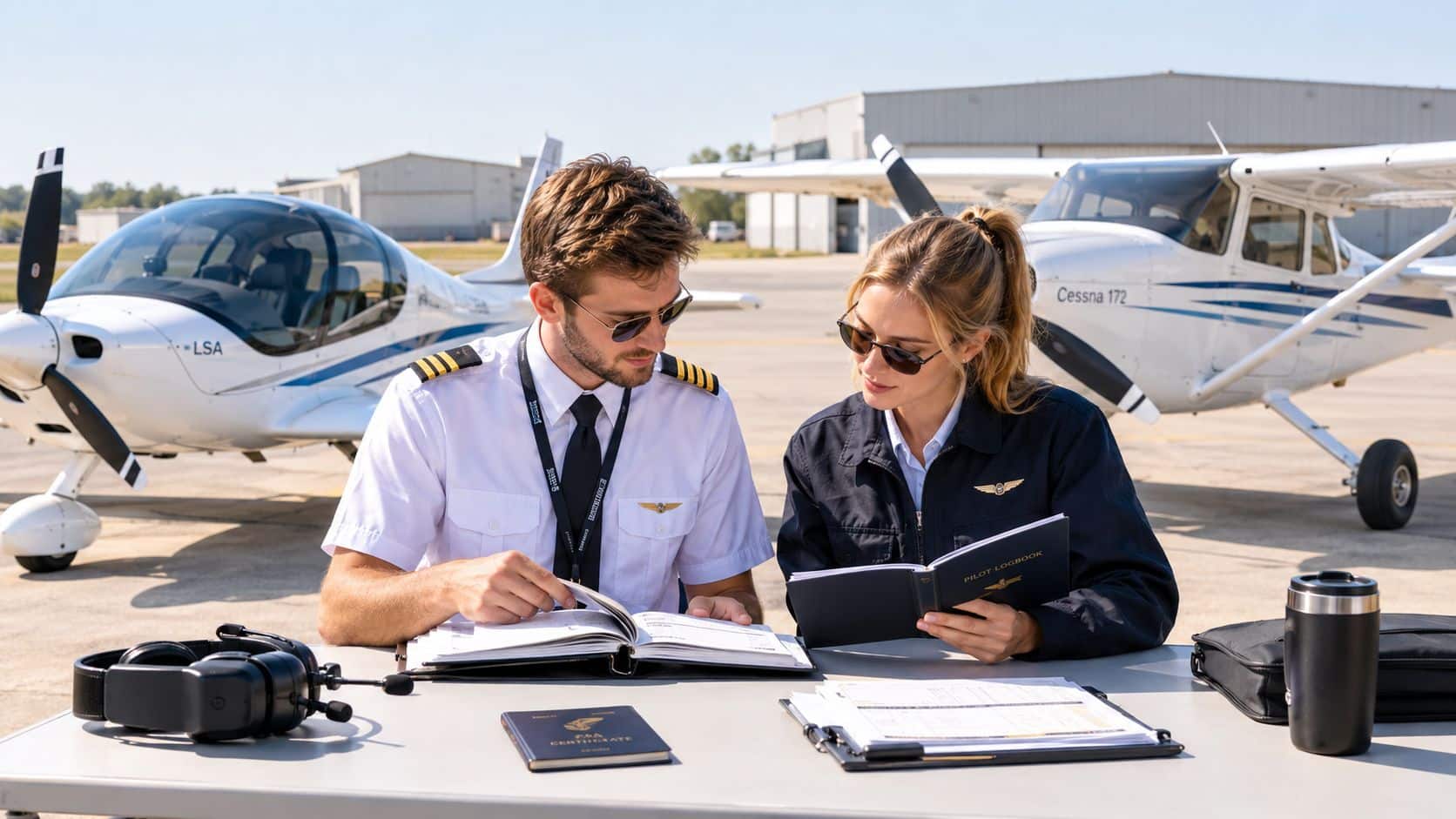Sport Pilot vs Private Pilot: Key Differences 2 Two pilots reviewing flight logs at a table in front of small aircraft on an airfield.