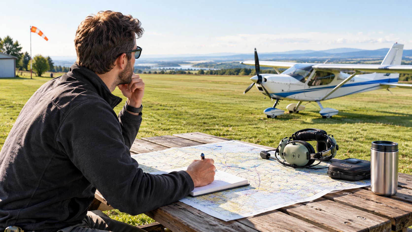 Sport Pilot vs Private Pilot: Key Differences 3 A pilot sits at a wooden table outdoors studying a navigation map near his light aircraft.