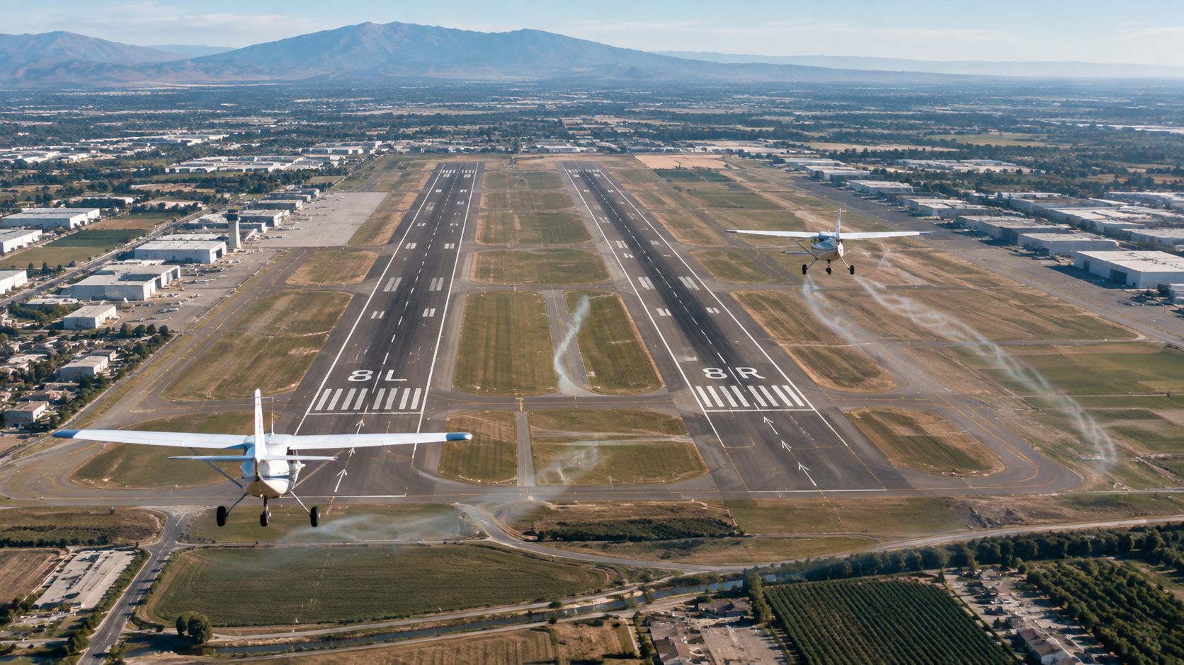 Wake Turbulence Avoidance: A Pilot's Practical Guide 3 Two light aircraft flying over parallel runways at an airport during a sunny day.