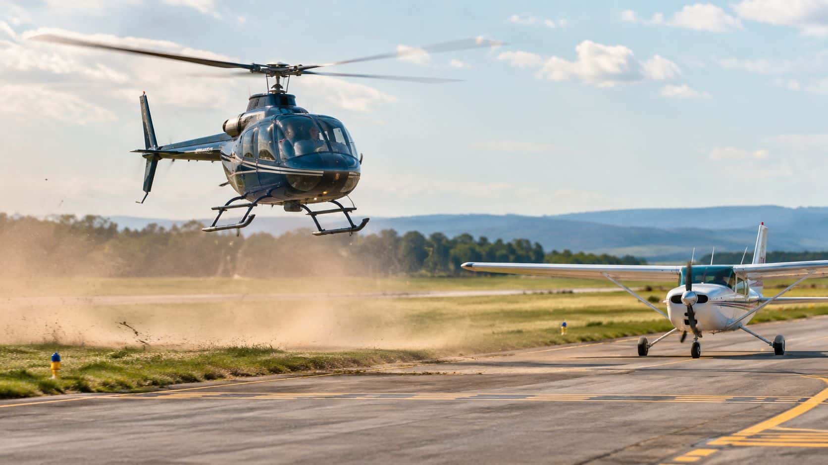 Wake Turbulence Avoidance: A Pilot's Practical Guide 4 A helicopter takes off from a runway creating dust, while a small airplane waits nearby on the tarmac.
