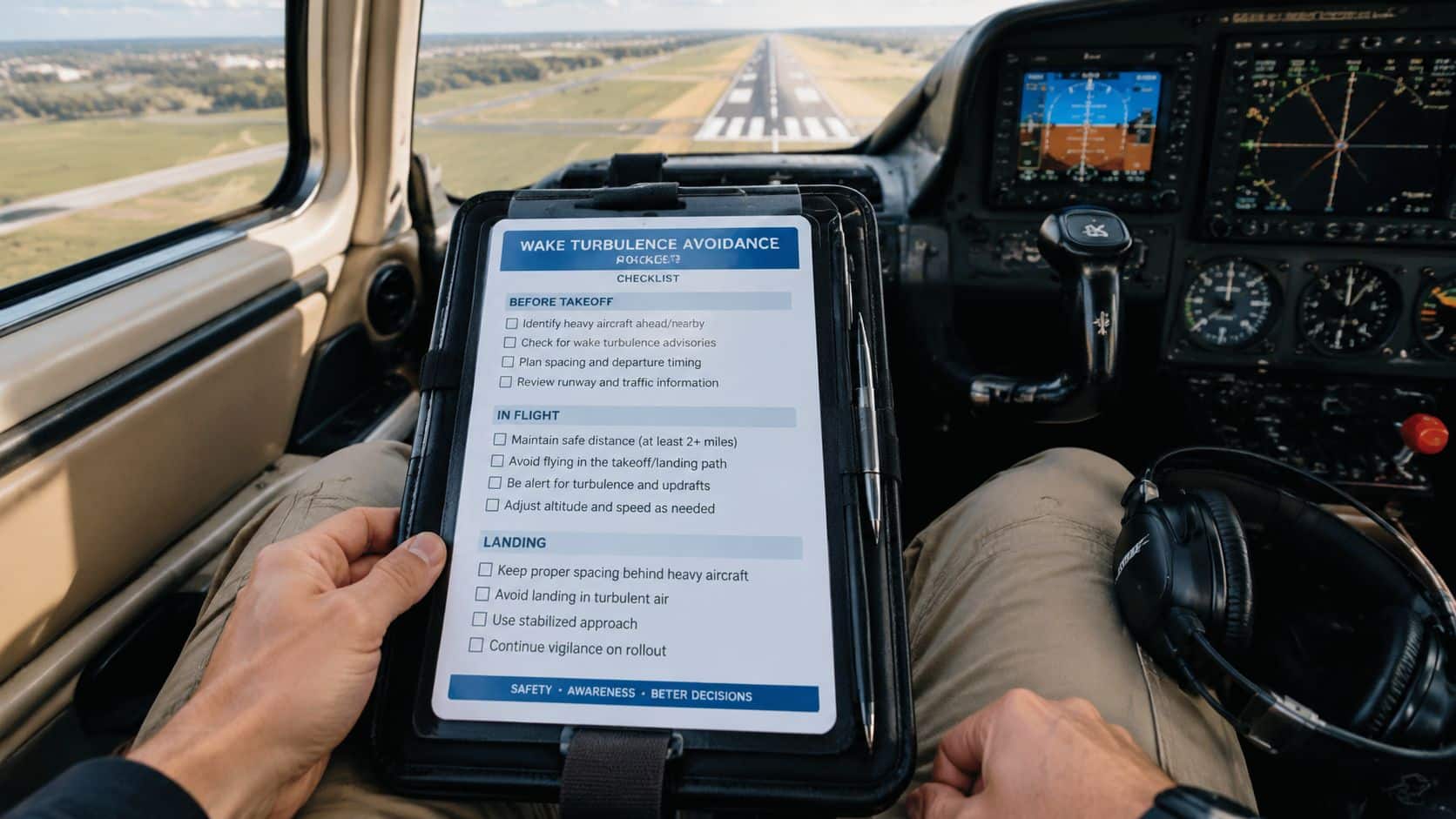 Wake Turbulence Avoidance: A Pilot's Practical Guide 5 A pilot holding a wake turbulence avoidance checklist inside a cockpit while approaching a runway for landing.