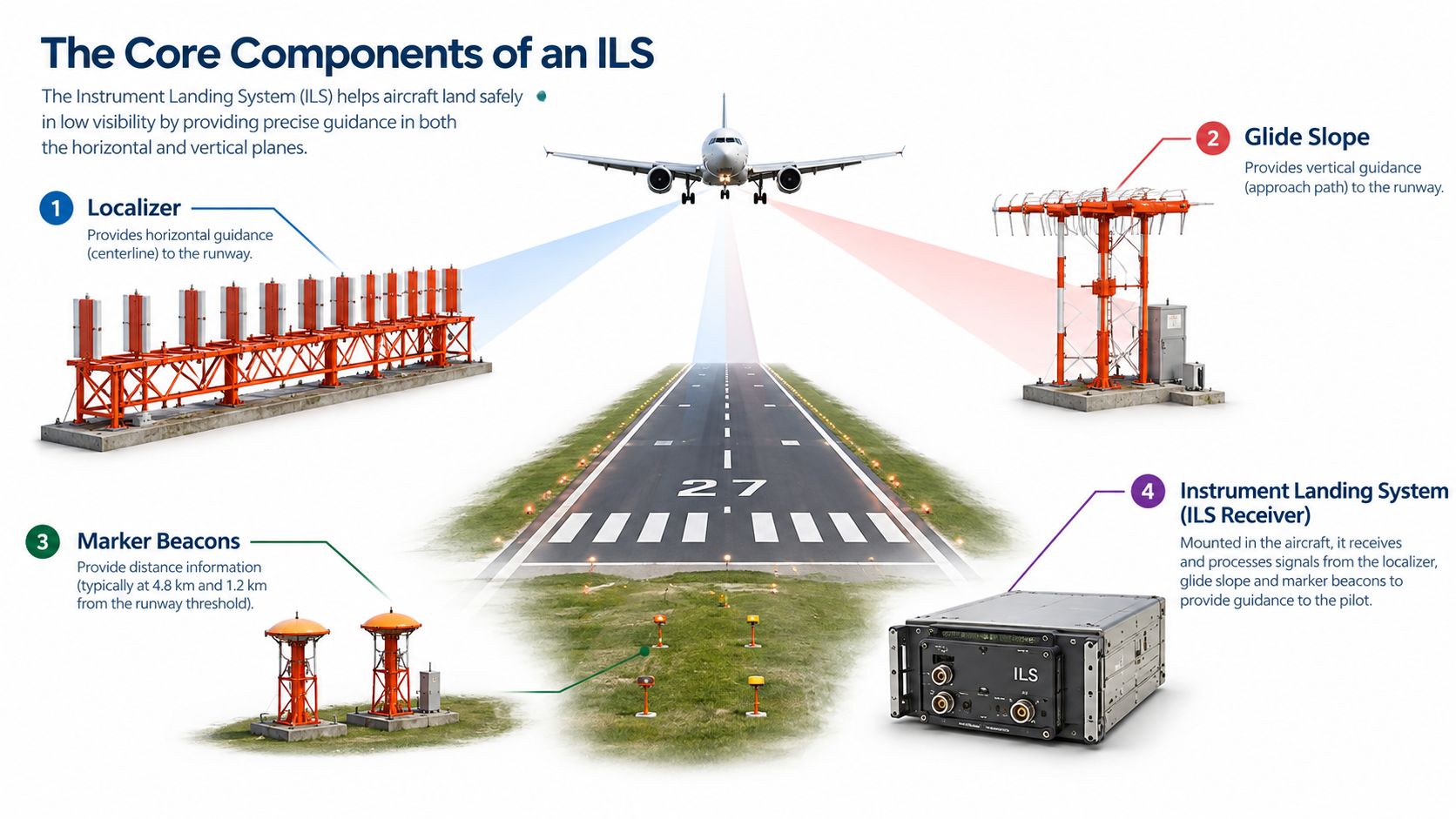 What Is an ILS Approach: A Pilot's Guide 2 An infographic illustrating the core components of an aircraft Instrument Landing System including localizer and glide slope.