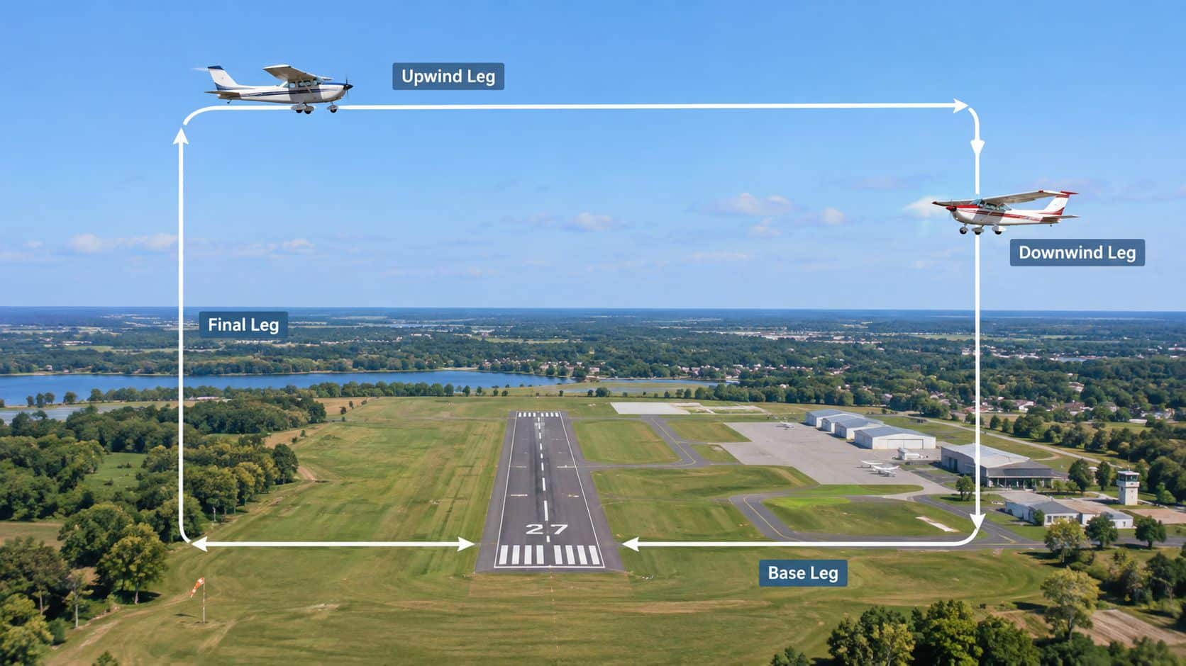 Air Traffic Patterns Explained for Pilots 2 An aerial view showing a small airplane flying in a standard rectangular airport traffic pattern.