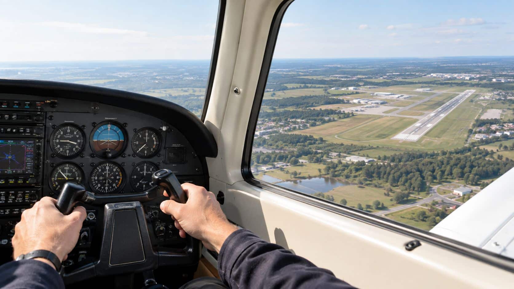 Air Traffic Patterns Explained for Pilots 3 A pilot's perspective inside a cockpit overlooking a rural airport and runway from high altitude.