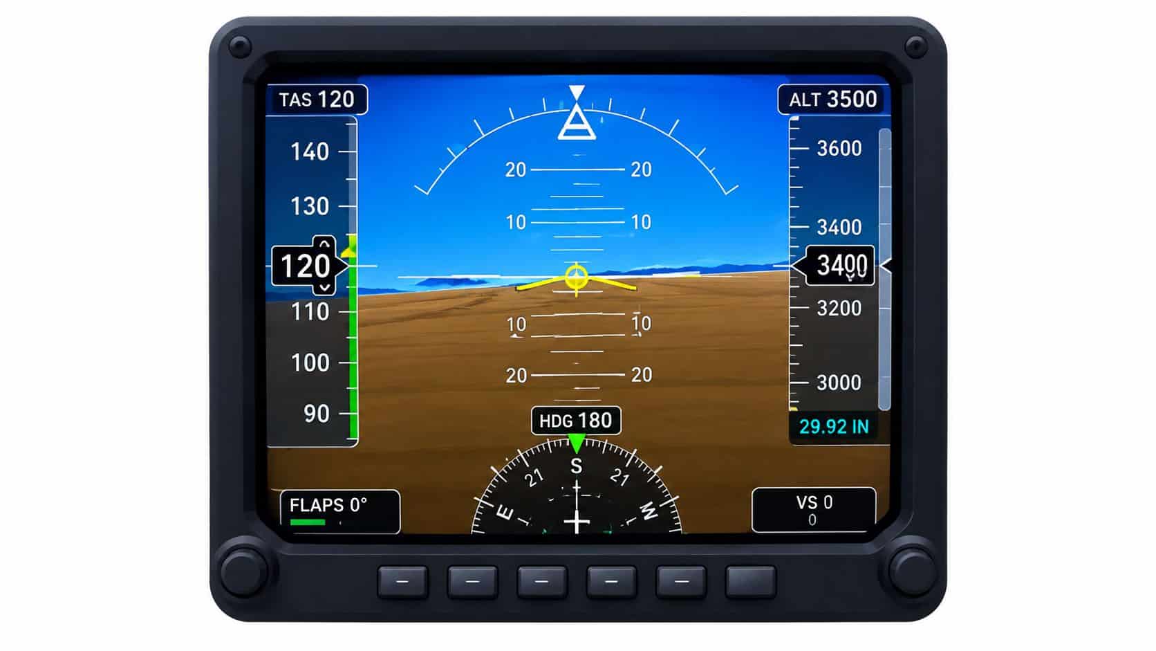 Aircraft Attitude Indicators Explained for Pilots 4 A digital aircraft attitude indicator display showing altitude, airspeed, heading, and pitch against a landscape background.