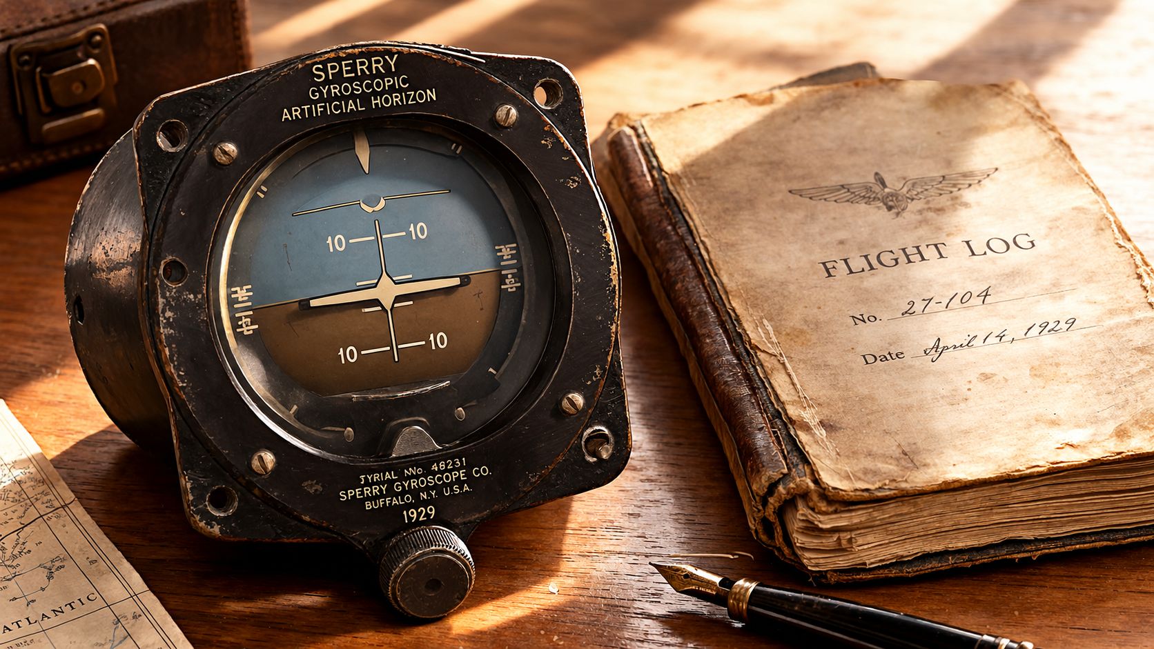 Aircraft Attitude Indicators Explained for Pilots 3 A vintage Sperry gyroscopic artificial horizon instrument resting next to a weathered flight log and a fountain pen.