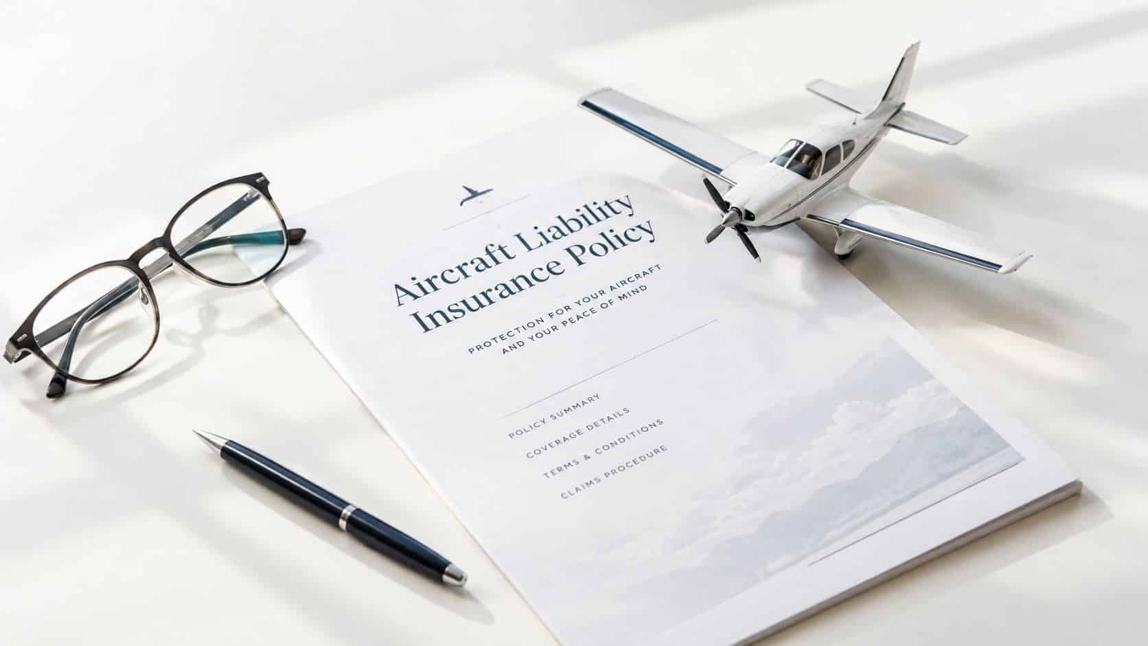 Aircraft Liability Insurance: A Pilot's Guide 2 An aircraft liability insurance policy document displayed on a desk with glasses, a pen, and a model airplane.