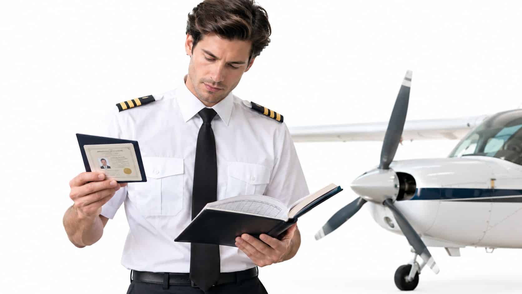 Pilot Certificate Maintenance: A Practical How-To Guide 2 A professional pilot examining his flight certification documents while holding an open logbook near a light aircraft.