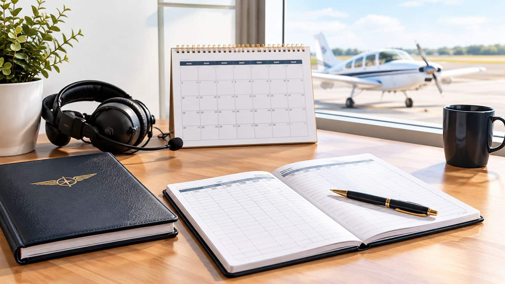 Pilot Certificate Maintenance: A Practical How-To Guide 5 An aviation-themed desk with a logbook, headset, calendar, and pen, set against a window view of an airplane.