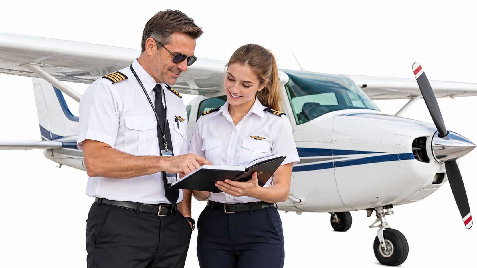 Pilot Certificate Maintenance: A Practical How-To Guide 3 A professional male pilot and female co-pilot reviewing documents in front of a small private airplane.