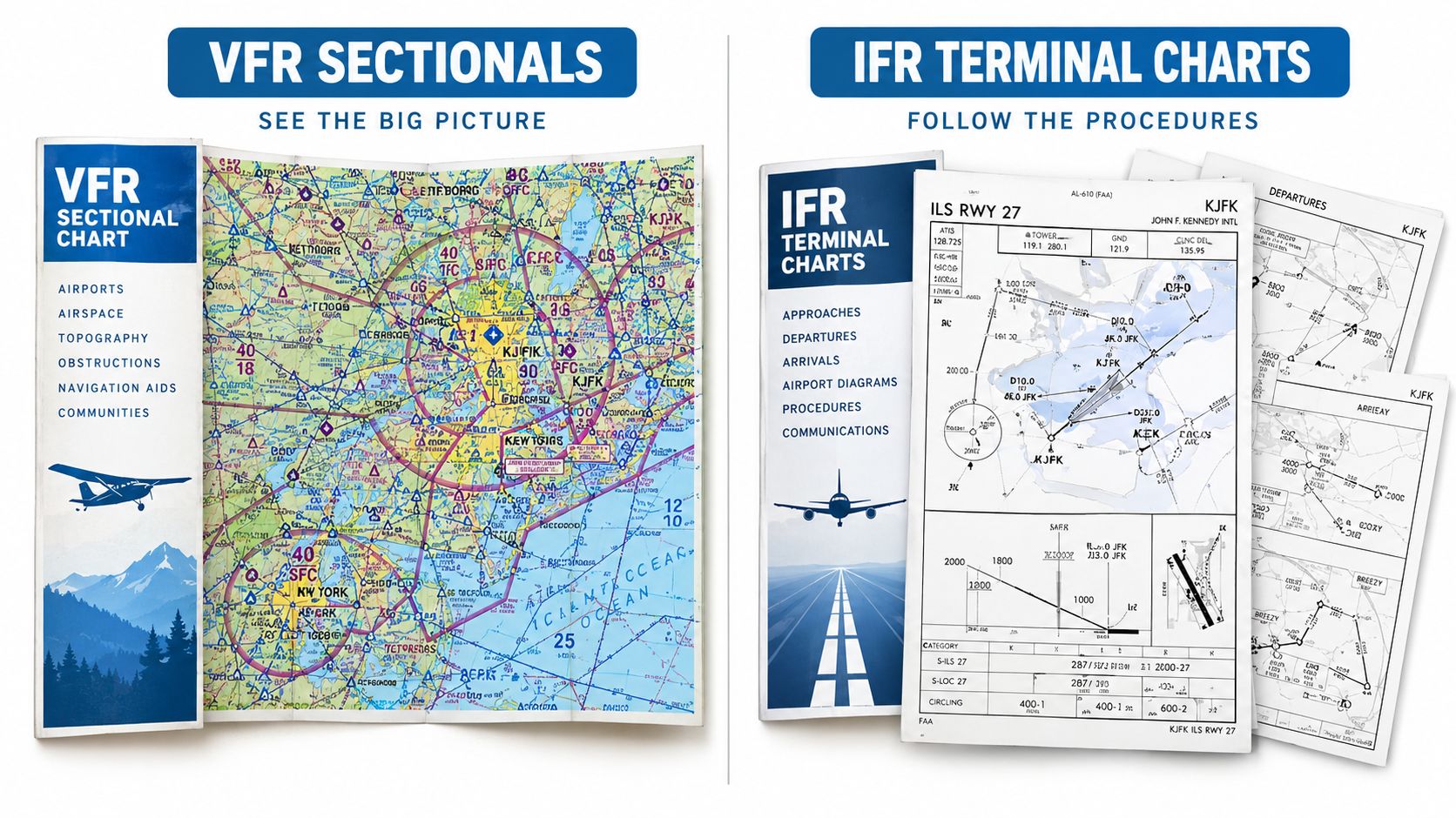 Chart Interpretation for Pilots: A Practical Guide 3 A comparison graphic between VFR sectional charts for visual navigation and IFR terminal charts for procedures.