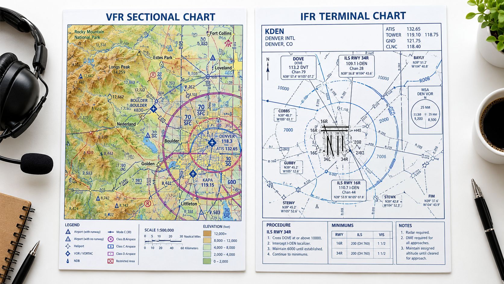 Chart Interpretation for Pilots: A Practical Guide 2 A top-down view of a VFR sectional chart and an IFR terminal chart on a desk.