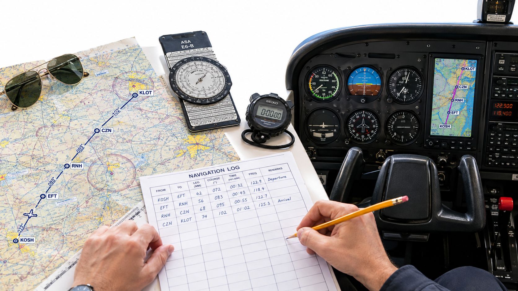 Cross Country Flights: Planning Routes, Fuel, and Weather 3 A pilot's hands filling out a navigation log on a map inside a small aircraft cockpit.