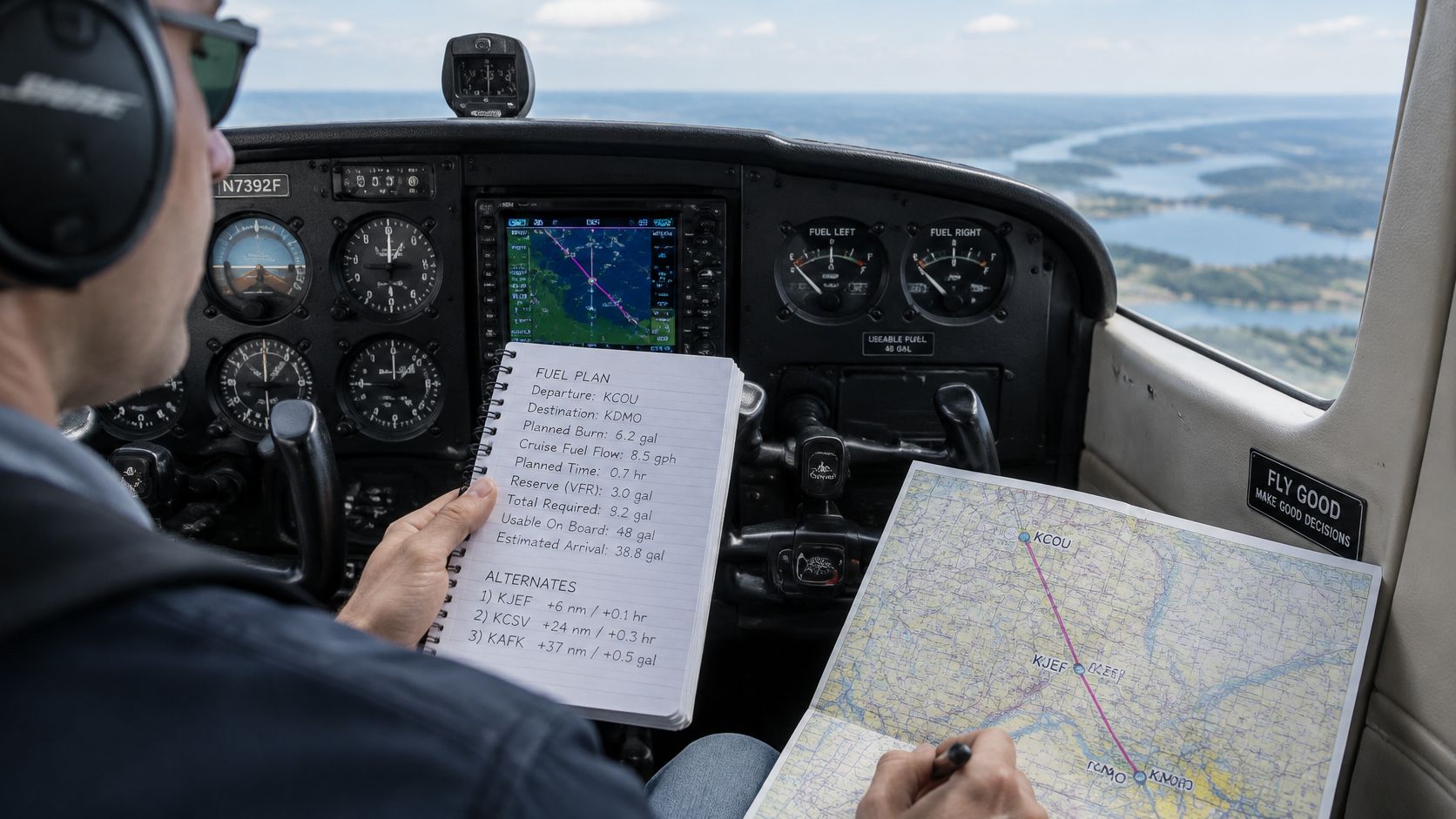 Cross Country Flights: Planning Routes, Fuel, and Weather 4 A pilot inside a small airplane cockpit reviewing a flight plan notebook and map while flying.