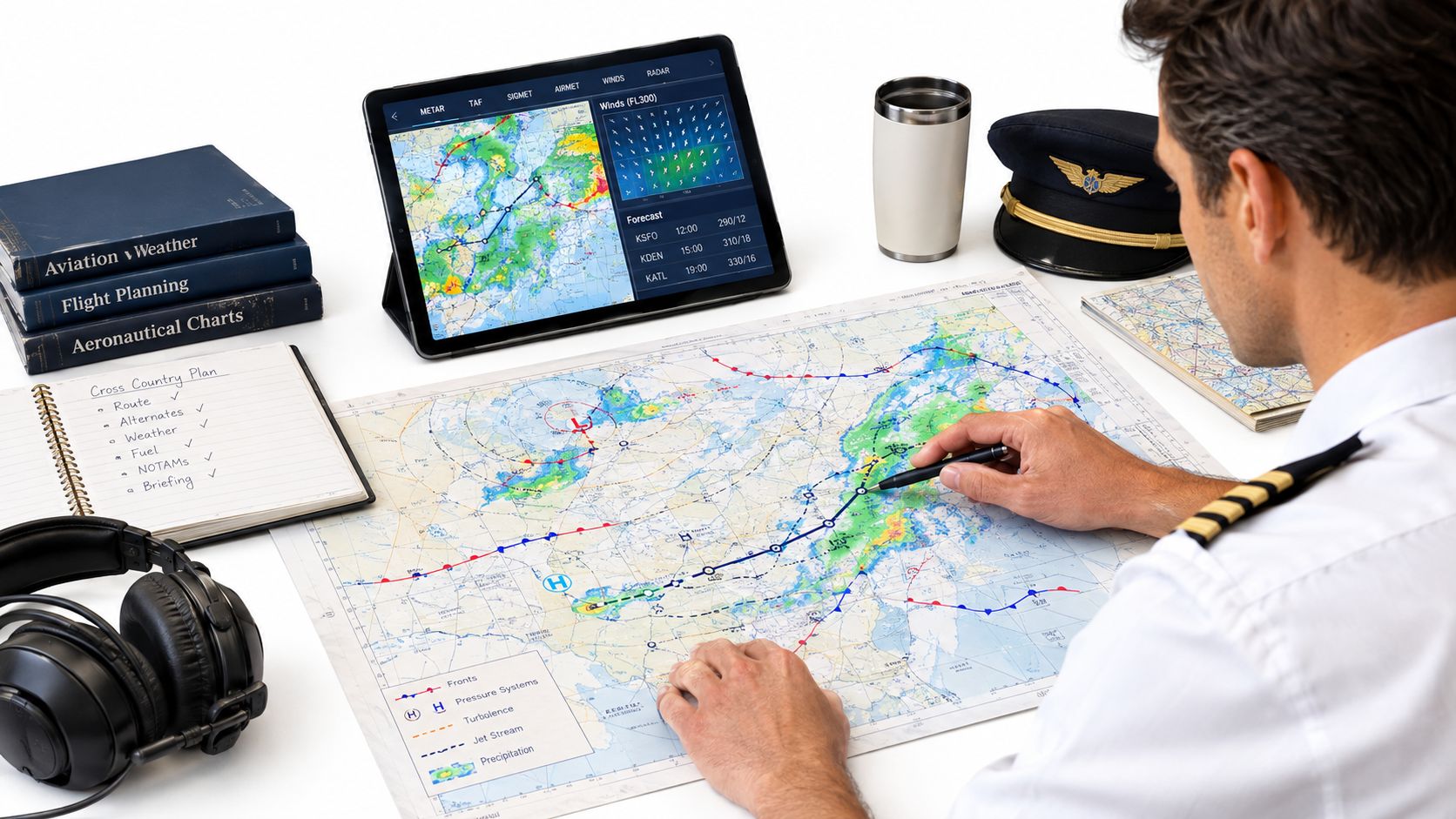 Cross Country Flights: Planning Routes, Fuel, and Weather 2 A pilot wearing a uniform reviews a flight plan using an aviation map and digital tablet.
