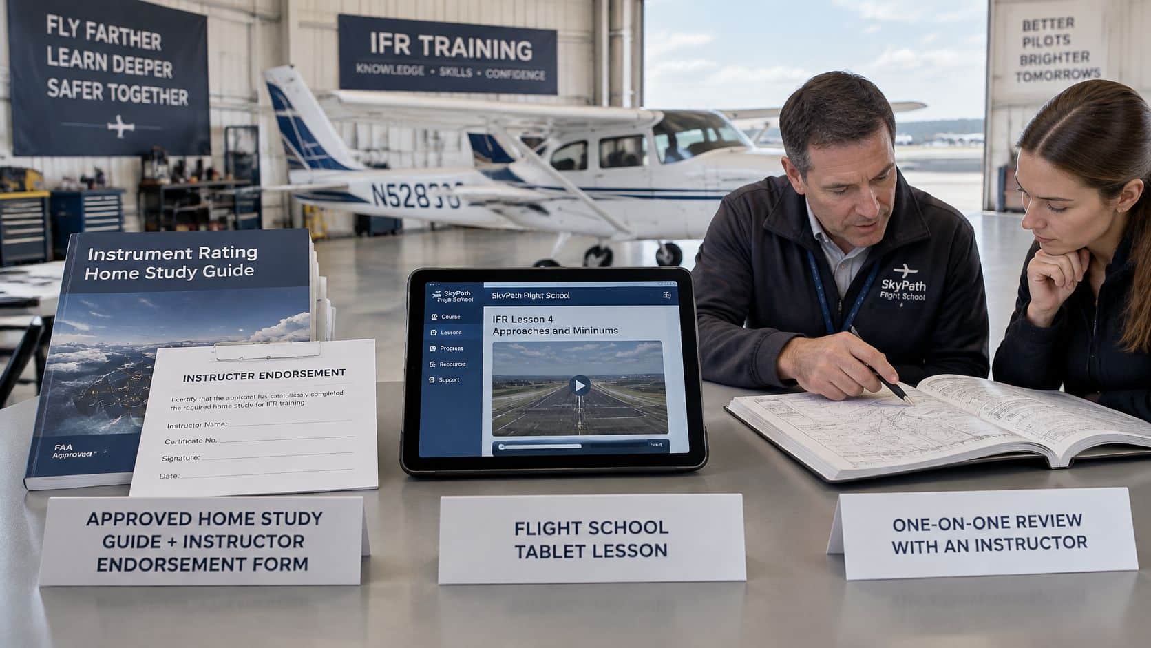 How to Pass the FAA Instrument Rating Knowledge Test 5 A flight instructor and a student review instrument rating study materials inside a hangar with a plane.