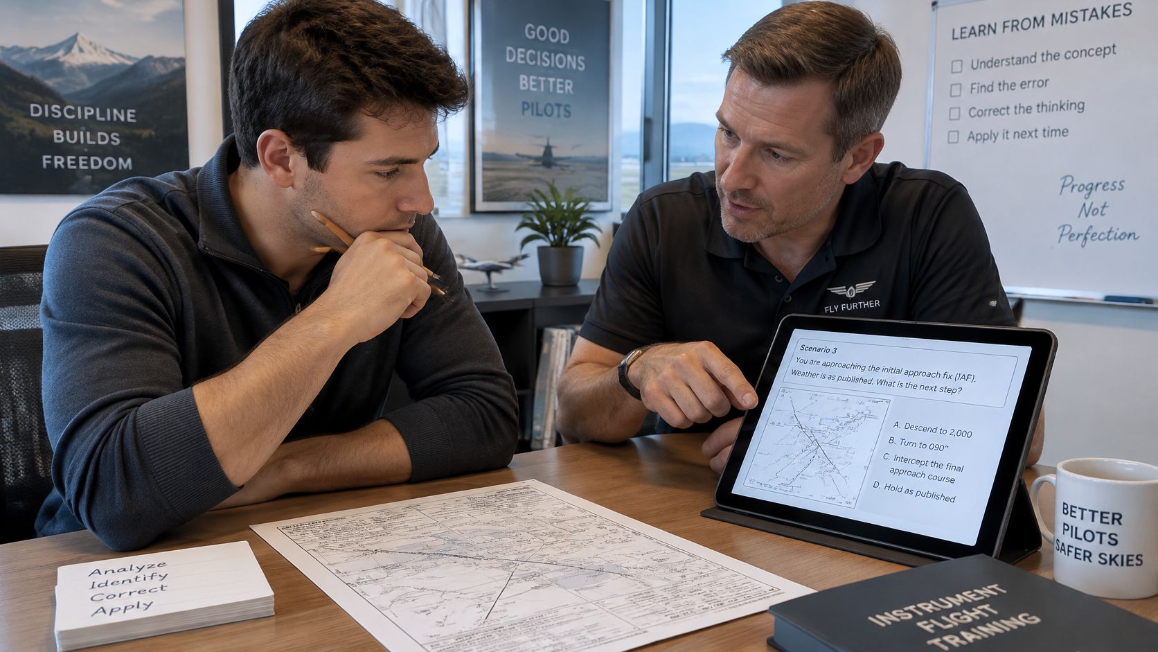How to Pass the FAA Instrument Rating Knowledge Test 3 A flight instructor guiding a student through an aviation instrument procedure scenario on a digital tablet.